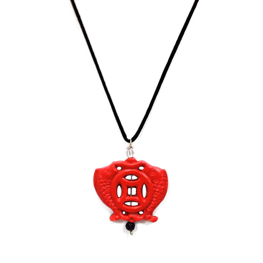 Cinnabar Red Double Fish Pendant Necklace